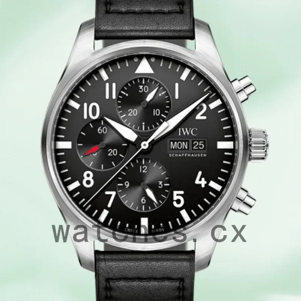 IWC Pilots Chrono IW377709 Men's 43mm Black Dial Leather Strap