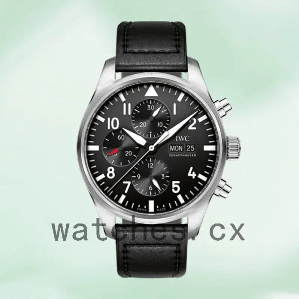IWC Pilots Chrono IW377709 Men's 43mm Black Dial Leather Strap - Image 2