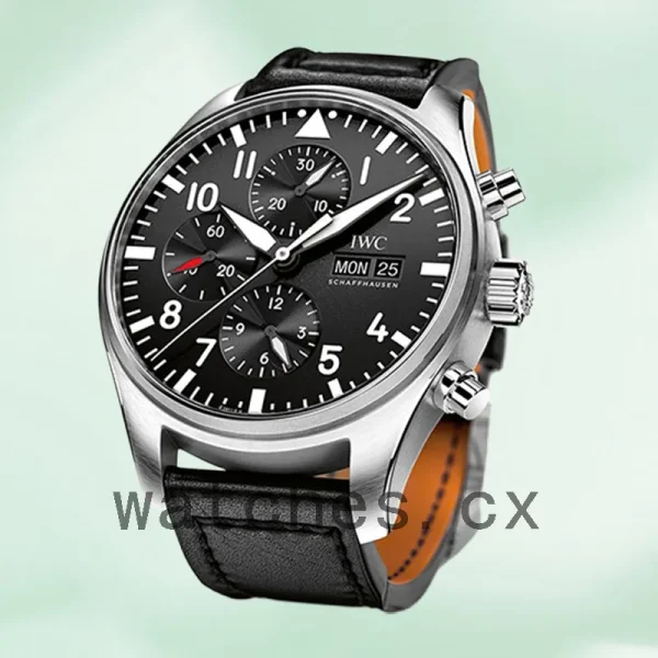 IWC Pilots Chrono IW377709 Men's 43mm Black Dial Leather Strap - Image 4