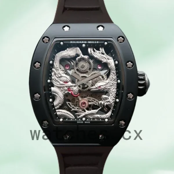 Richard Mille RM57-01 RM57-01-003 Men Around 50*40mm Rubber Band Silver Dragon and Phoenix Dial